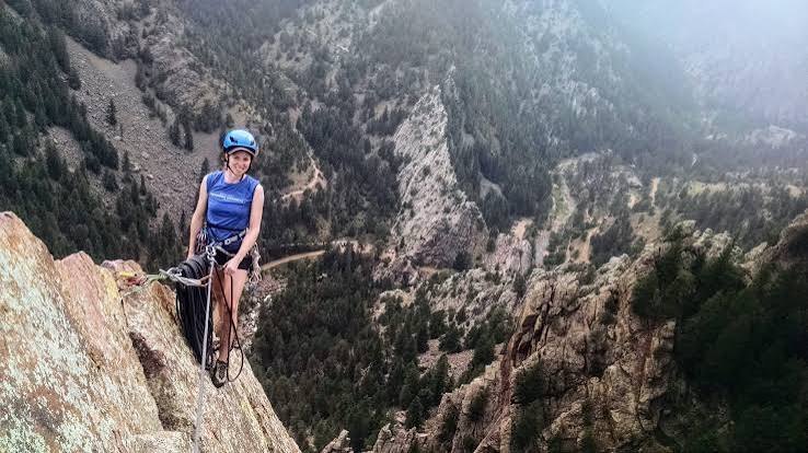 A climber on the sandstone high above Eldorado Canyon.