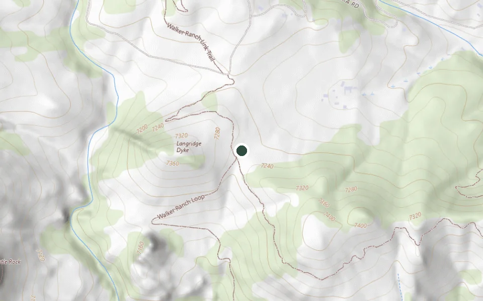 USGS topographic map of the Walker Ranch Loop Trailhead off Flagstaff Road, with the trailhead marked and the Walker Ranch Loop and Columbine Gulch trails visible.